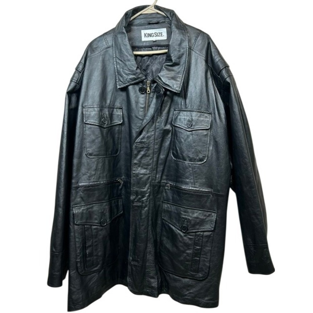 King Size Brand Men's Black 100% Leather Trench Jacket 6X Zipper Buttons